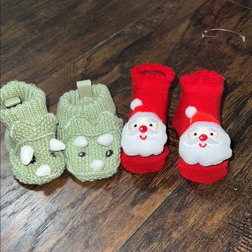 Green Dinosaur and Red Santa Baby Booties
